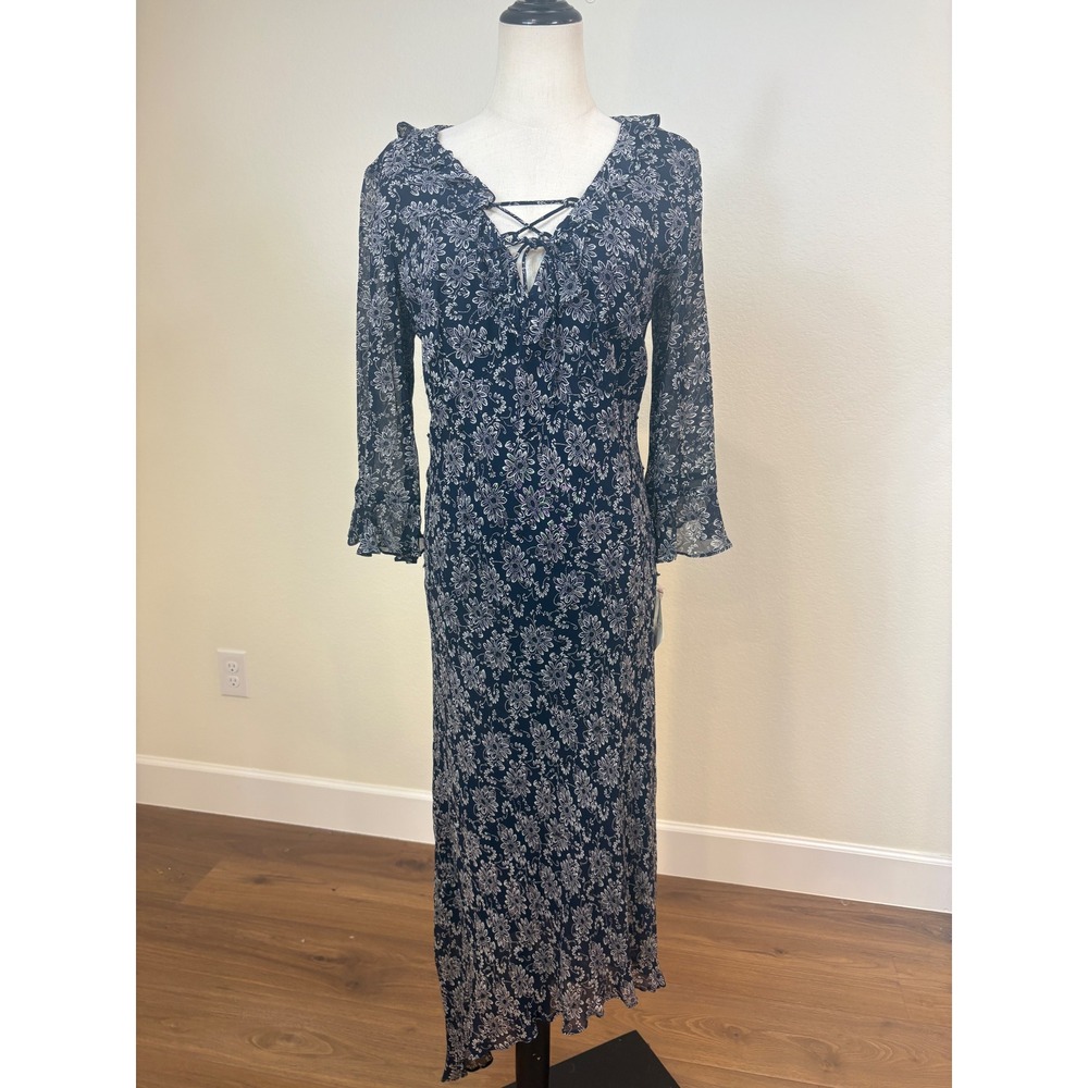 NWT 90s CDC Rampage midi Dress 12 Navy Blue Floral Lace Up Ruffle Boho Romantic